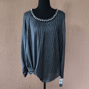 NWT AGB Slinky Rib Embellished Neck Blouse Charcoal Size M